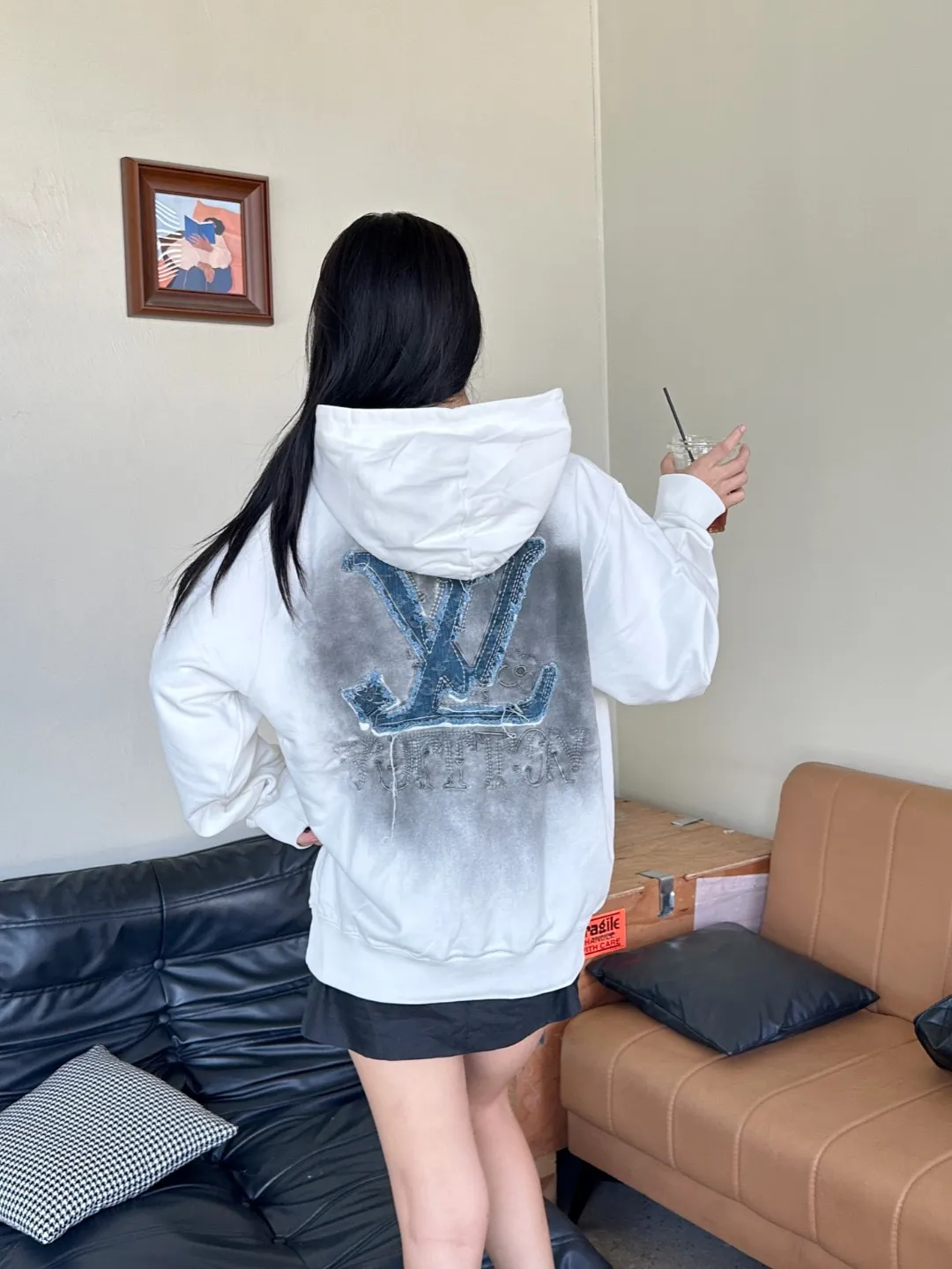 Louis Vuitton/Louis Vuitton denim patch embroidery washed ripped hole hooded sweatshirt